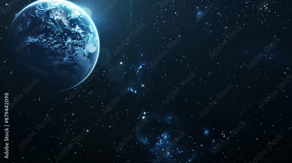 Obraz premium This image depicts half of the Earth planet shrouded in darkness, highlighting the beauty of our planet and evoking feelings of loneliness and contemplation in the vastness of space.