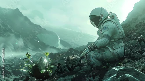 Astronaut discovering mysterious alien flora on rocky exoplanet