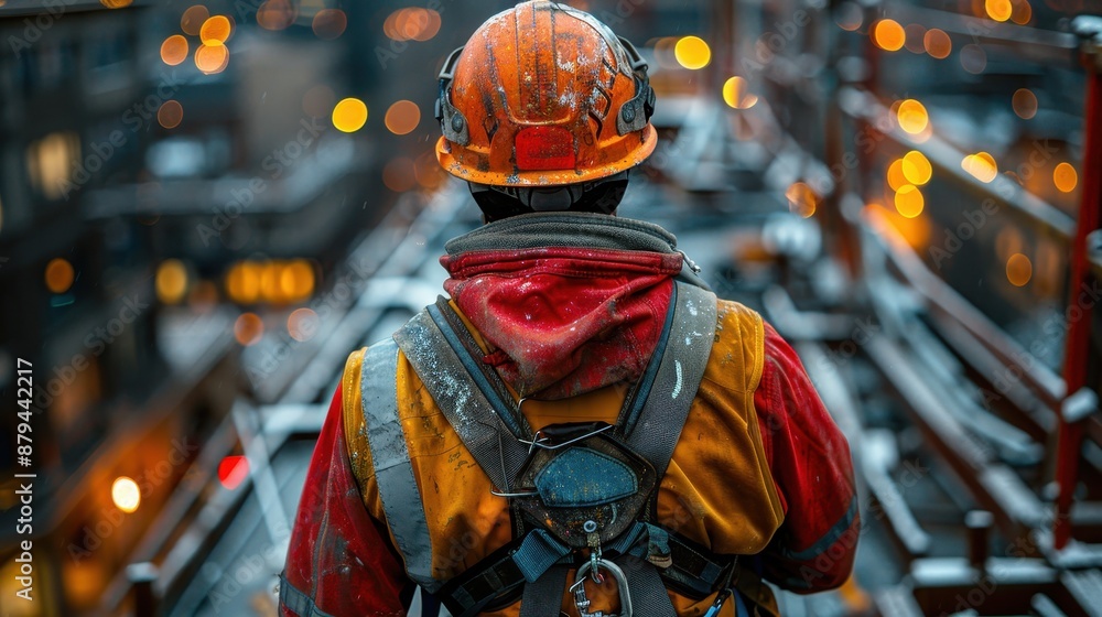 Obraz premium A construction worker is seen from behind wearing safety gear at an active construction site. The image portrays the importance of safety, hard work, and dedication in the construction industry.