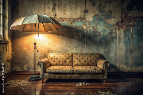 A dimly lit, eerie atmosphere surrounds a solitary, worn-out couch, with a dropped, forgotten umbrella, conveying the weight of depression, sadness, and loneliness. photo