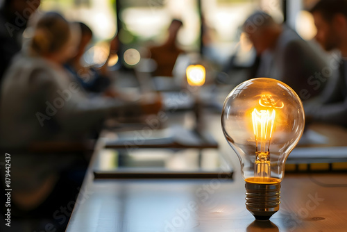 Close-up of illuminated lightbulb on desk in modern conference room, symbolizing innovation and ideas during a business meeting.