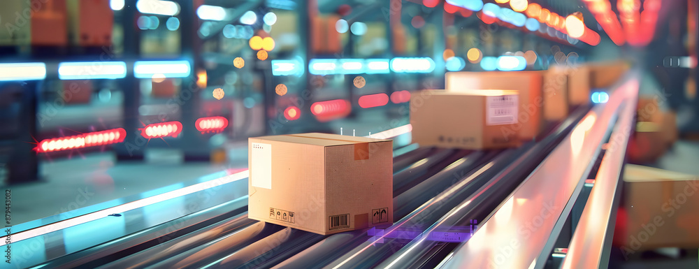 Conveyor belt with packages moving in a modern warehouse facility, showcasing logistics and automation in distribution centers. Conveyor belt with packages moving in a modern warehouse facility, showcasing logistics and automation in distribution centers.