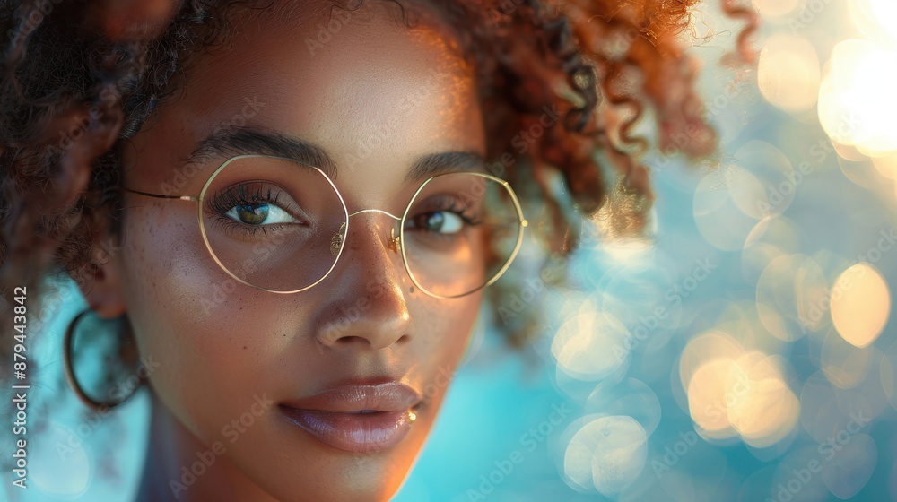 A young woman with curly hair and round glasses, looking into the camera with a serene expression, set against a dreamy, bokeh-filled background with warm, vibrant colors. A young woman with curly hair and round glasses, looking into the camera with a serene expression, set against a dreamy, bokeh-filled background with warm, vibrant colors.