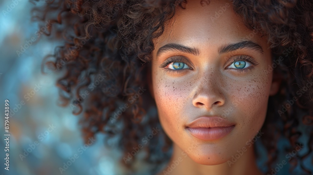 Close-up portrait of a young woman with freckles and curly hair, radiating warmth and serenity, with beautiful natural light illuminating her face softly. Close-up portrait of a young woman with freckles and curly hair, radiating warmth and serenity, with beautiful natural light illuminating her face softly.
