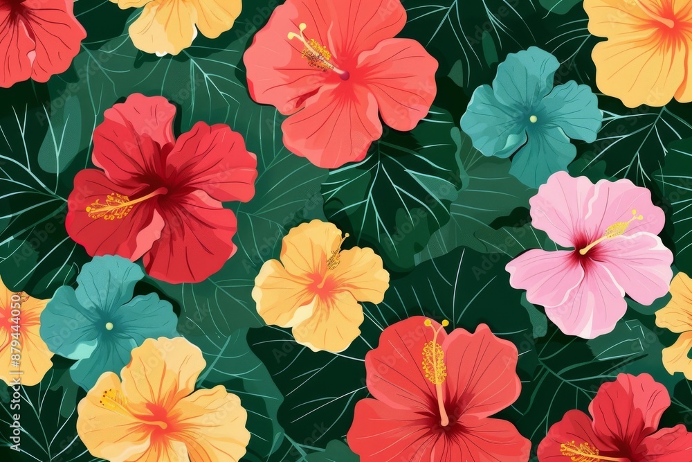 Obraz premium Poster design shows lots of vibrant hibiscus in various colors. In the style of pattern-based painting. . Beautiful simple AI generated image in 4K, unique.