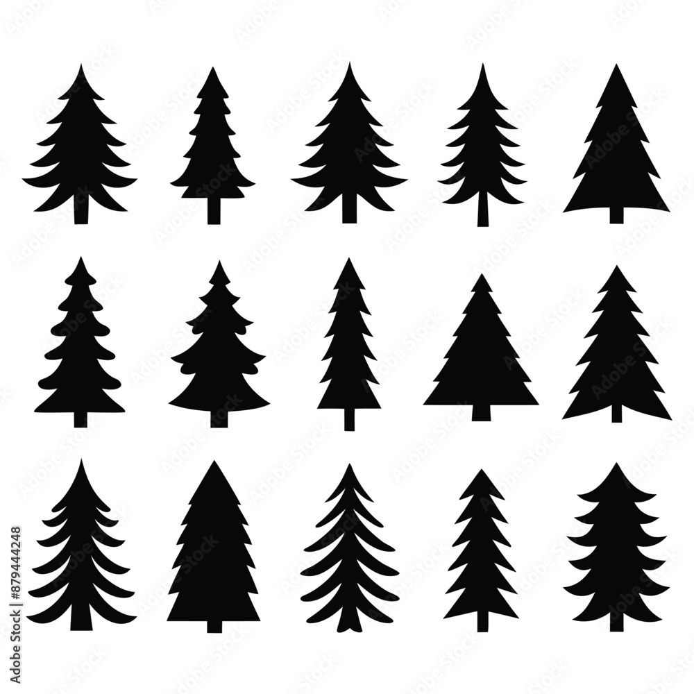 Obraz premium Vintage trees and forest silhouettes set in monochrome style. Set. Silhouette of pine trees.