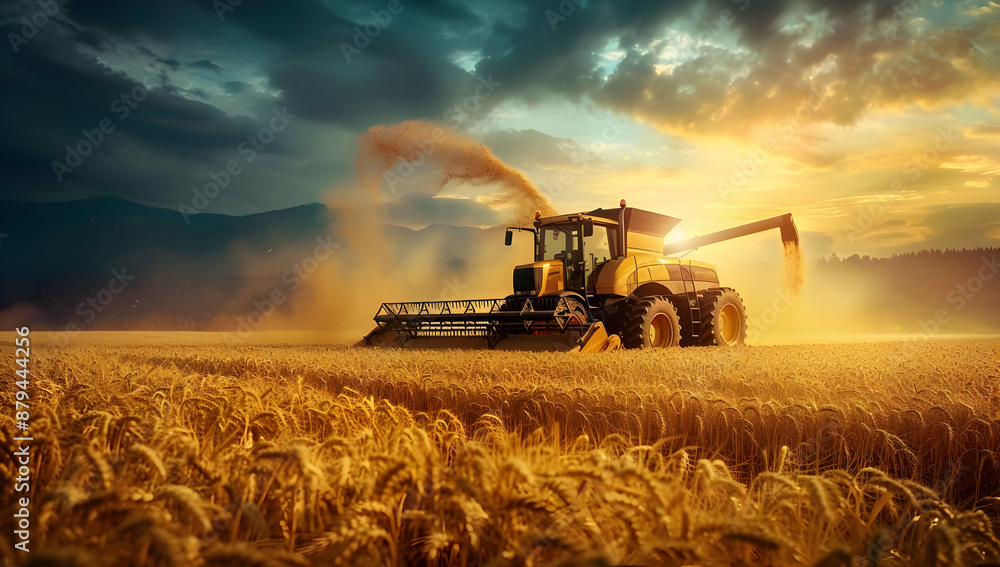 Fototapeta premium Golden hour harvest with a combine harvester in a wheat field, capturing the beauty and productivity of modern agriculture.