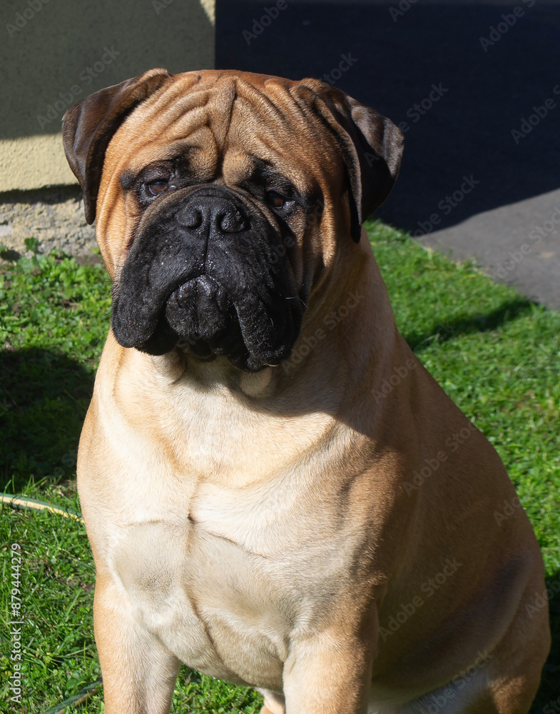 a mastiff breed dog looking towards the camera