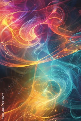 Wallpaper Mural An abstract visualization of quantum entanglement, with swirling, intertwined particles and waves of light in a spectrum of bright, contrasting colors.  Torontodigital.ca