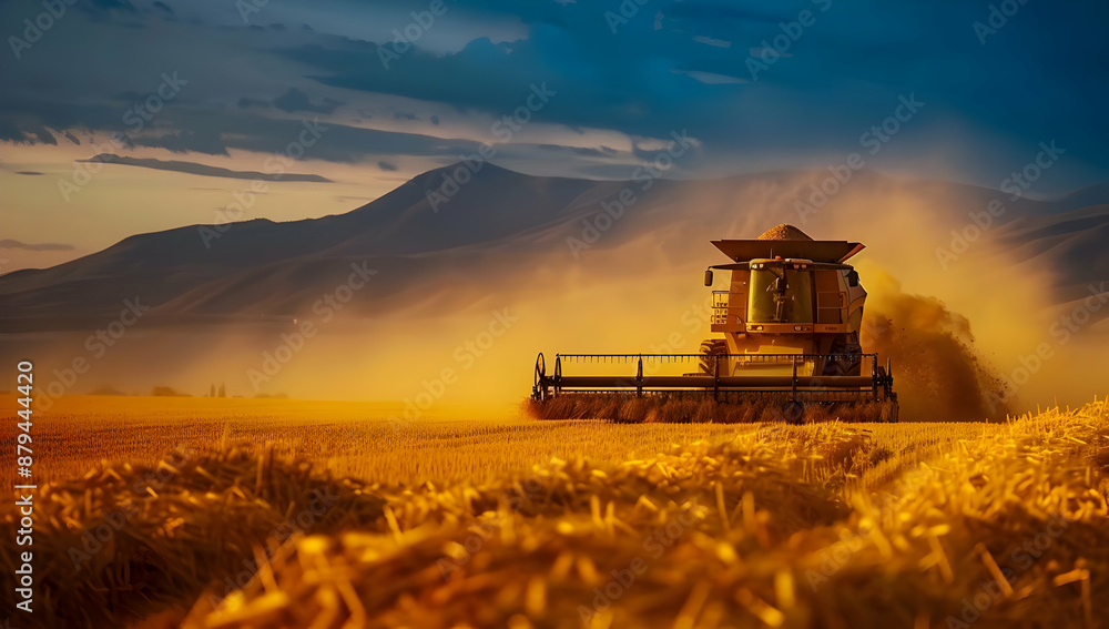 Fototapeta premium Harvesting machine working in a golden wheat field at sunset with mountains in the background and dust in the air.