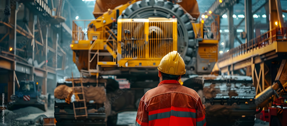 Industrial worker in a hard hat and high-visibility jacket supervises heavy machinery inside a large factory, highlighting construction safety.