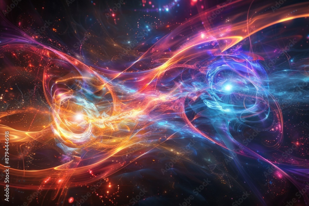 An abstract visualization of quantum entanglement, with swirling, intertwined particles and waves of light in a spectrum of bright, contrasting colors. An abstract visualization of quantum entanglement, with swirling, intertwined particles and waves of light in a spectrum of bright, contrasting colors.