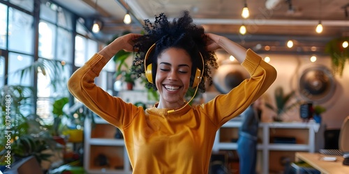 Black woman dancing with headphones at office or ecommerce startup happy worker. Concept Dance at Work, Office Culture, Empowering Women, Startup Life, E-commerce Trends