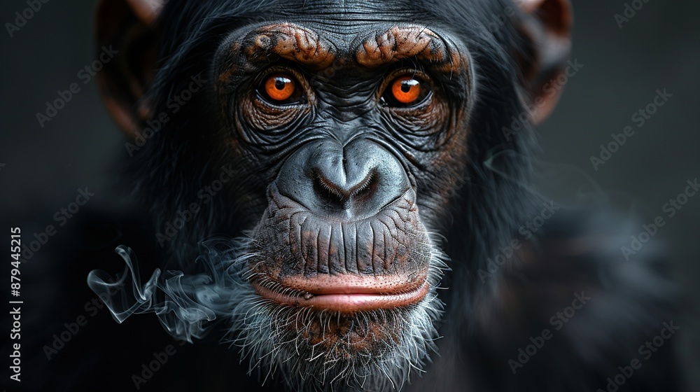 A close-up of a monkey's face with a cigarette in its mouth and one sticking out A close-up of a monkey's face with a cigarette in its mouth and one sticking out