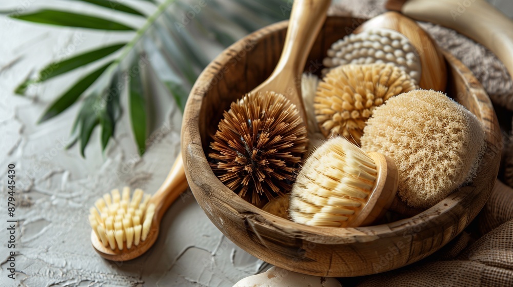 Various wooden body brushes arranged in a rustic wooden bowl, resting on a soft, cream-colored fabric, The brushes have different, with natural bristles, Lush green ferns accent the scene. Various wooden body brushes arranged in a rustic wooden bowl, resting on a soft, cream-colored fabric, The brushes have different, with natural bristles, Lush green ferns accent the scene.