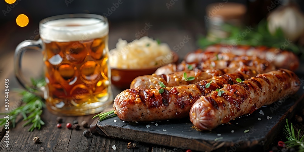 Grilled sausages with sauerkraut and beer on a slate board Grilled sausages with sauerkraut and beer on a slate board
