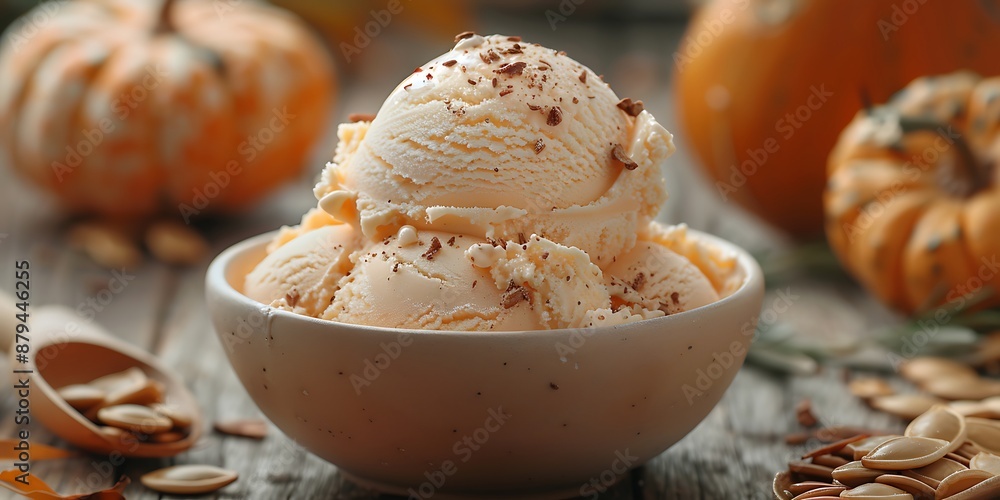 Pumpkin ice cream in a bowl garnished with roasted pumpkin seeds on a rustic wooden table. Pumpkin ice cream in a bowl garnished with roasted pumpkin seeds on a rustic wooden table.