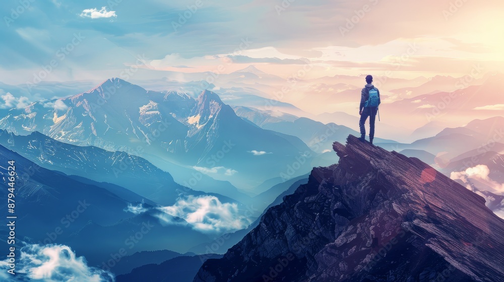 A man stands atop a mountain, gazing at the breathtaking landscape. Mountain climbing adventure. Mountain tourism and travel concept. A man stands atop a mountain, gazing at the breathtaking landscape. Mountain climbing adventure. Mountain tourism and travel concept.