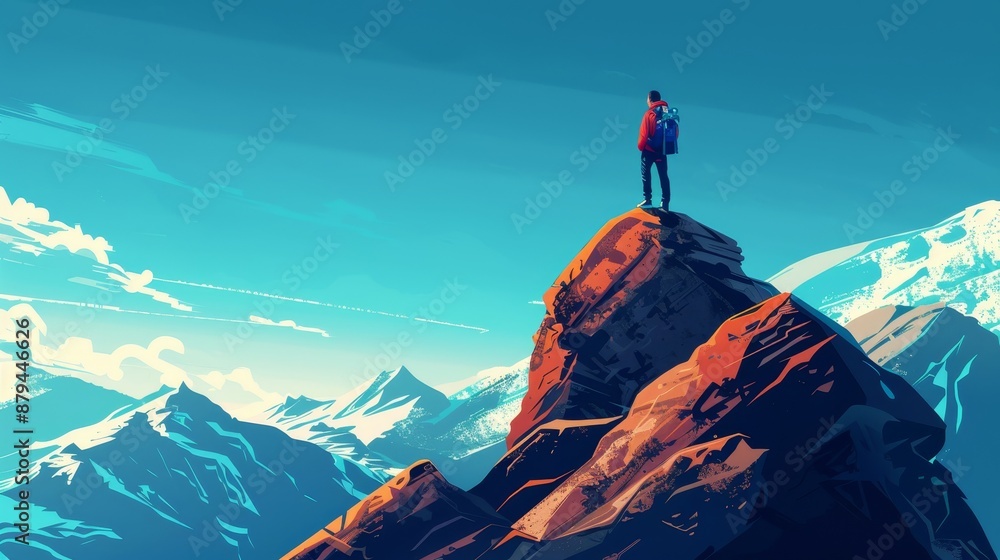 Fototapeta premium A man stands atop a mountain, gazing at the breathtaking landscape. Mountain climbing adventure. Mountain tourism and travel concept.