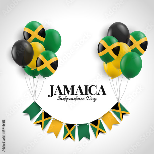 Jamaica Independence Day. Background with balloons and flags. Vector Illustration.
