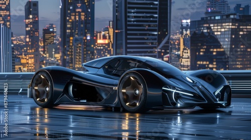 A futuristic hypercar with an aerodynamic design, displayed against a backdrop of a high-tech city