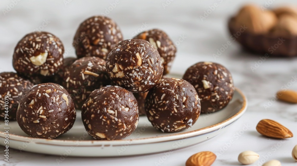 A plate of raw energy balls made from dates, nuts, and cacao A plate of raw energy balls made from dates, nuts, and cacao
