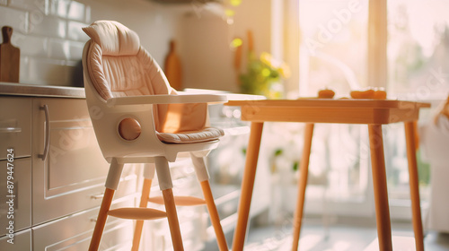 A modern white high chair for children in a bright kitchen with a blurred background, a cozy sitting area. Ideal for decorating a modern home, family dining areas and kitchen interiors.