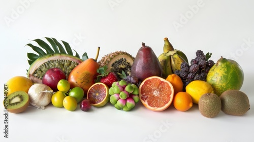 A variety of vibrant tropical fruits, their vibrant colors and textures contrasting beautifully against a pure white background.