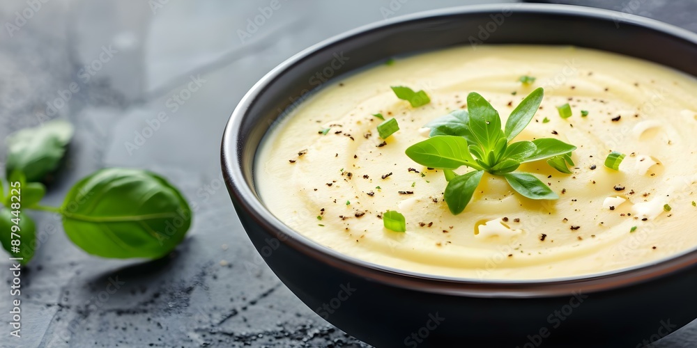 Creamy vegetarian white potato soup in a tasty bowl. Concept Creamy Soup, Vegetarian, White Potato, Tasty Bowl, Comfort Food Creamy vegetarian white potato soup in a tasty bowl. Concept Creamy Soup, Vegetarian, White Potato, Tasty Bowl, Comfort Food