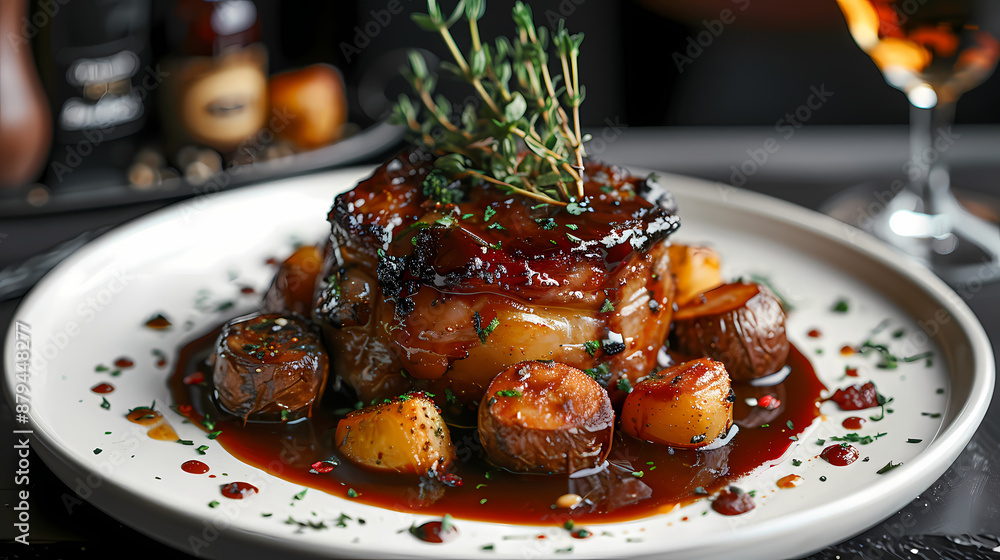 German pork knuckle in a white plate, in a luxurious shop. German pork knuckle in a white plate, in a luxurious shop.