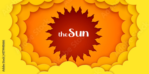 Vector illustration of sun  in paper cut style with clouds around  . Summer day concept. Sunny background.