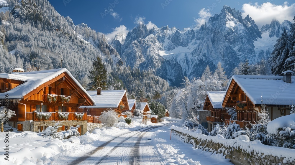 A picturesque village in the Alps, snow-capped mountains and charming cottages A picturesque village in the Alps, snow-capped mountains and charming cottages