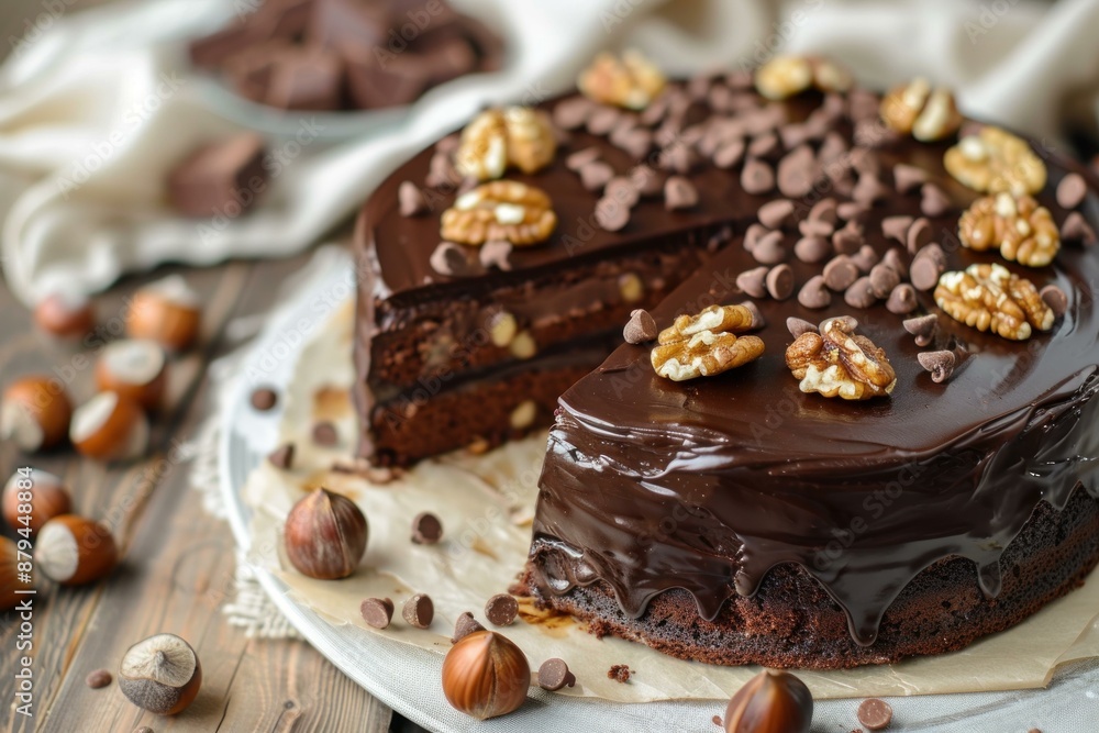 Chocolate cake with chocolate icing, walnuts, hazelnuts and chocolate chips is being sliced on a wooden table Chocolate cake with chocolate icing, walnuts, hazelnuts and chocolate chips is being sliced on a wooden table