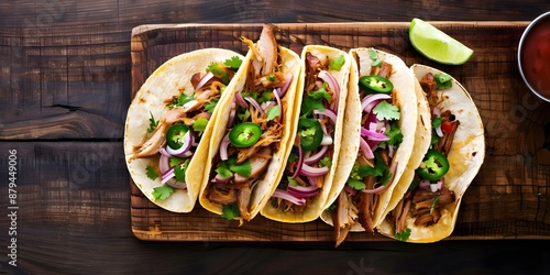 Flat lay of Mexican tacos with pork carnitas cochinita pibil onion and habanero. Concept Food Photography, Mexican Cuisine, Tasty Tacos, Vibrant Ingredients, Flavorful Presentation photo