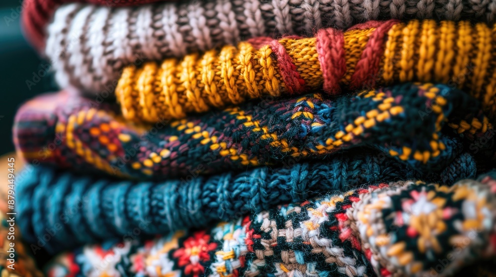 Multicolored knitted sweaters in varied patterns stacked messily displaying textures Fashionable cold weather wear top view with space for text Multicolored knitted sweaters in varied patterns stacked messily displaying textures Fashionable cold weather wear top view with space for text