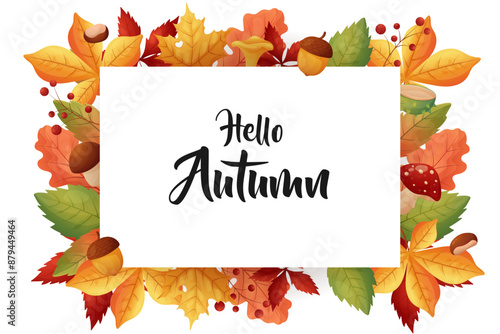 Embrace the beauty of fall with this stunning "Hello Autumn" poster, featuring vibrant autumn leaves, acorns, mushrooms, and berries.