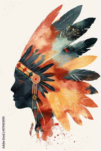 Silhouette of an Indigenous person adorned with a colorful feather headdress, showcasing vibrant abstract art