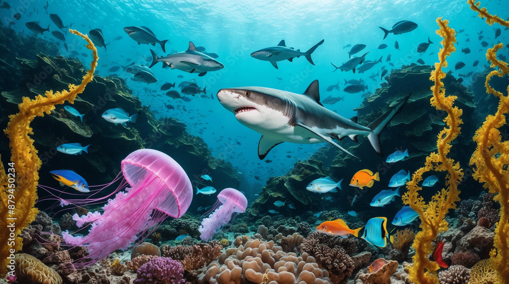 Naklejka premium the bottom of the sea shark fish corals and jellyfish.AI generated