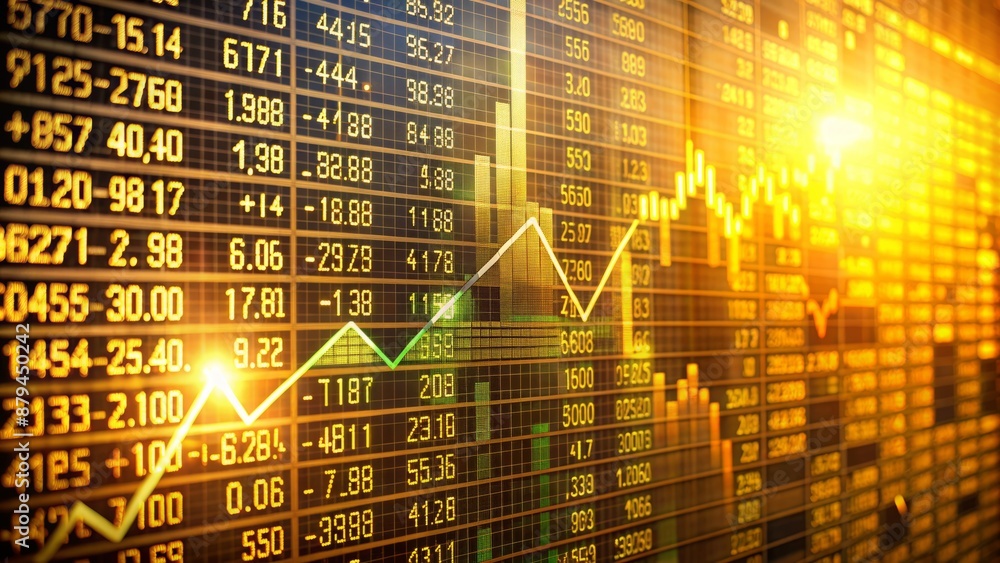 custom made wallpaper toronto digitalA sleek, modern digital stock market board displays rising stocks and profits, bathed in warm, golden light, conveying success and growth.