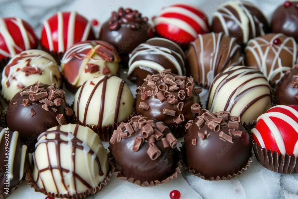 Chocolate pralines with different kinds of toppings are displayed under studio lighting Chocolate pralines with different kinds of toppings are displayed under studio lighting