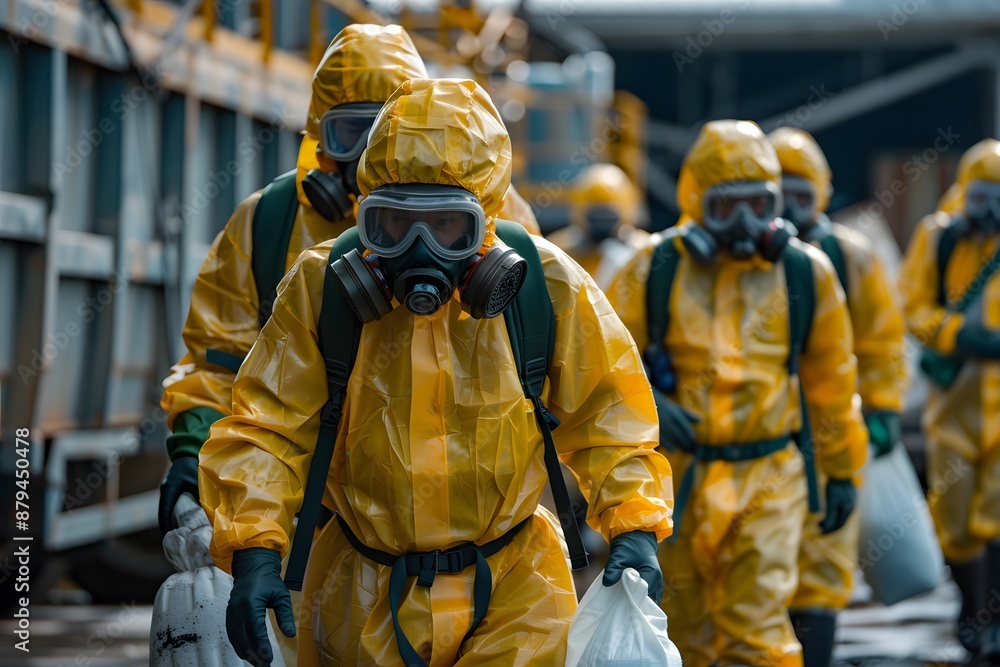 Hazmat Team in Yellow Protective Suits Conducting Cleanup Operation Hazmat Team in Yellow Protective Suits Conducting Cleanup Operation