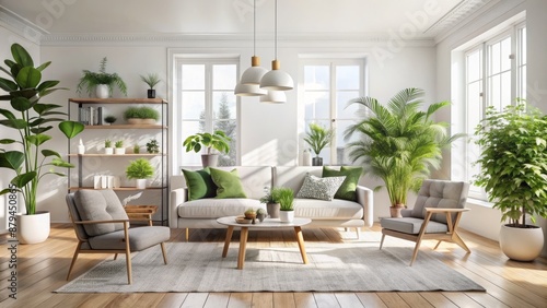 Serene and airy Scandinavian-inspired living room with a lush green plant against a bright white background  exuding calming minimalism.