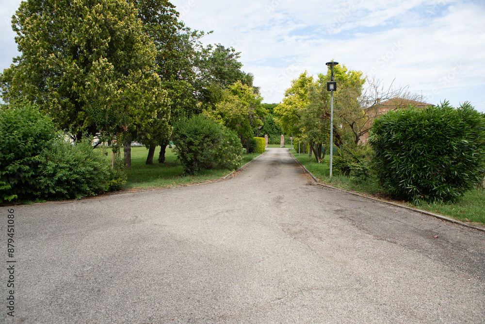 Empty asphalt road leading to country house surrounded by green trees Empty asphalt road leading to country house surrounded by green trees