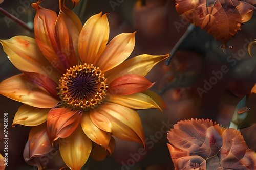  closeup of a Osteospermum with yellow, orange and red blossom photo