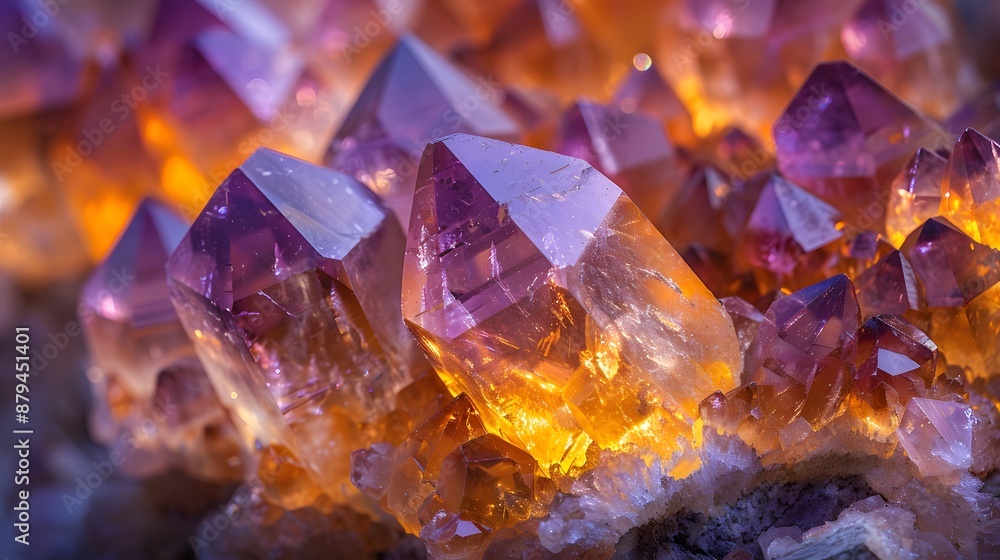 Glowing Amethyst Crystals in Close-Up View Glowing Amethyst Crystals in Close-Up View