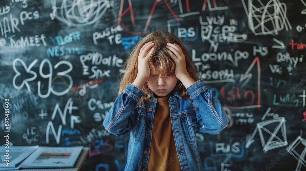 Stressed child in front of a chalkboard filled with equations