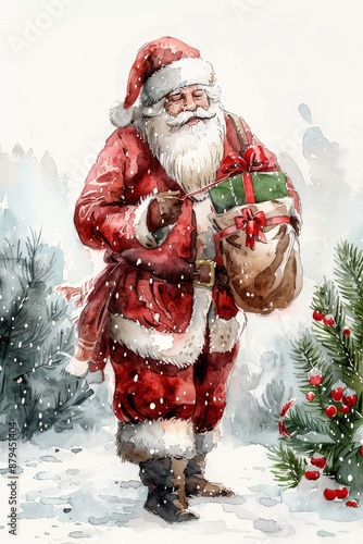 Santa Claus holding a bag of gifts, standing in a snowy forest, illustrated in a festive watercolor style