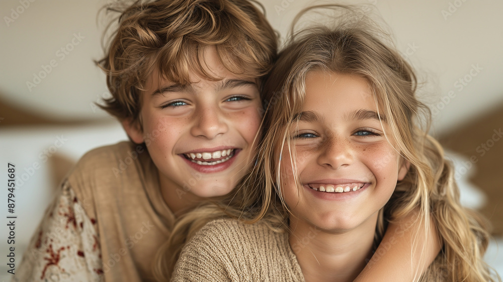 A telephoto angle photo of two siblings laughing together, one with an arm around the other's shoulder, showing their close bond against a plain background, with copy space A telephoto angle photo of two siblings laughing together, one with an arm around the other's shoulder, showing their close bond against a plain background, with copy space