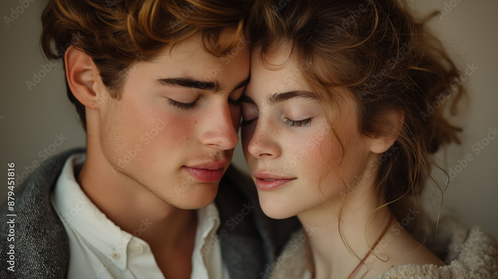 A telephoto angle photo of a young couple gently touching foreheads, their eyes closed in a peaceful connection against a plain background, with copy space A telephoto angle photo of a young couple gently touching foreheads, their eyes closed in a peaceful connection against a plain background, with copy space