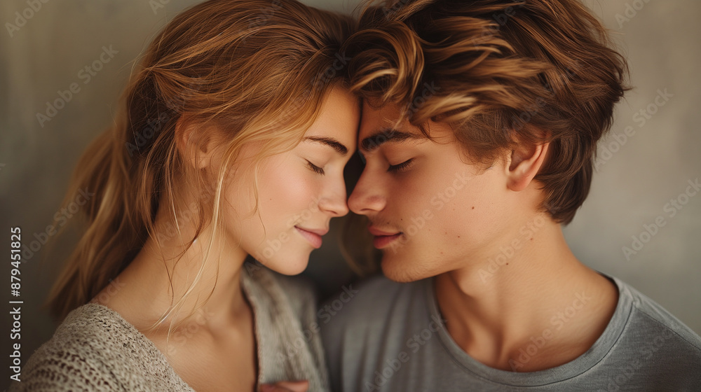A telephoto angle photo of a young couple gently touching foreheads, their eyes closed in a peaceful connection against a plain background, with copy space A telephoto angle photo of a young couple gently touching foreheads, their eyes closed in a peaceful connection against a plain background, with copy space